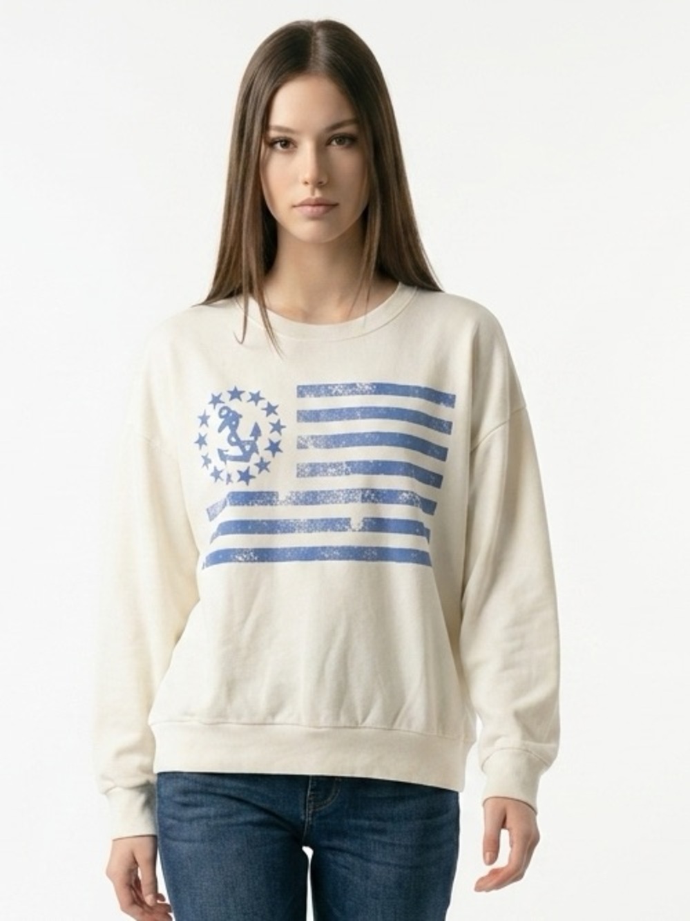 Z Supply Cream Sweatshirt with Distressed Blue Flag Graphic